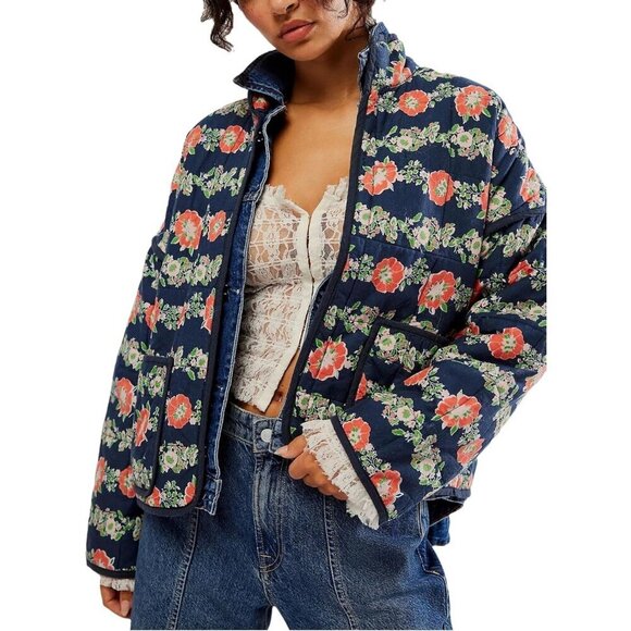 Jackets & Blazers - Women’s Navy Cropped Puffer Jacket Floral Printed Quilted Lightweight Coat